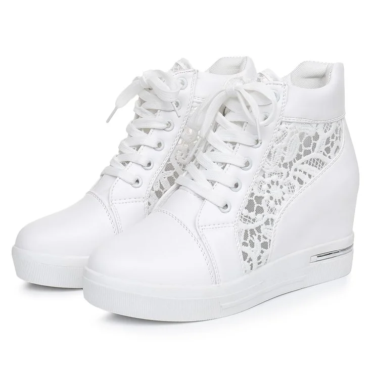 Women Wedge Platform Sneakers Rubber Brogue Leather High heels Lace Up Shoes Pointed Toe Height Increasing Creepers White Silver