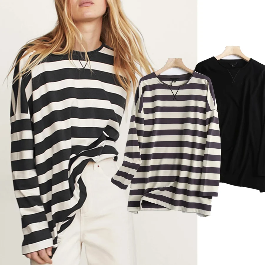 Maxdutti Spring Summer England Vinatge Striped O-neck Oversize Loose Cotton boyfriend Hoodies Sweatshirt Pullovers Tops