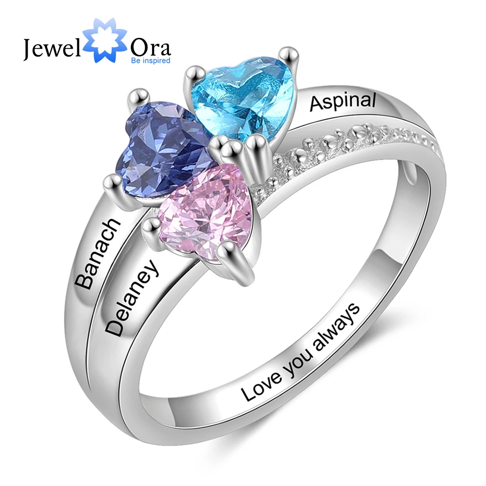 

JewelOra Customized Mother Ring with 3 Heart Birthstones Personalized Silver Color Copper Name Engraved Rings for Women Gifts