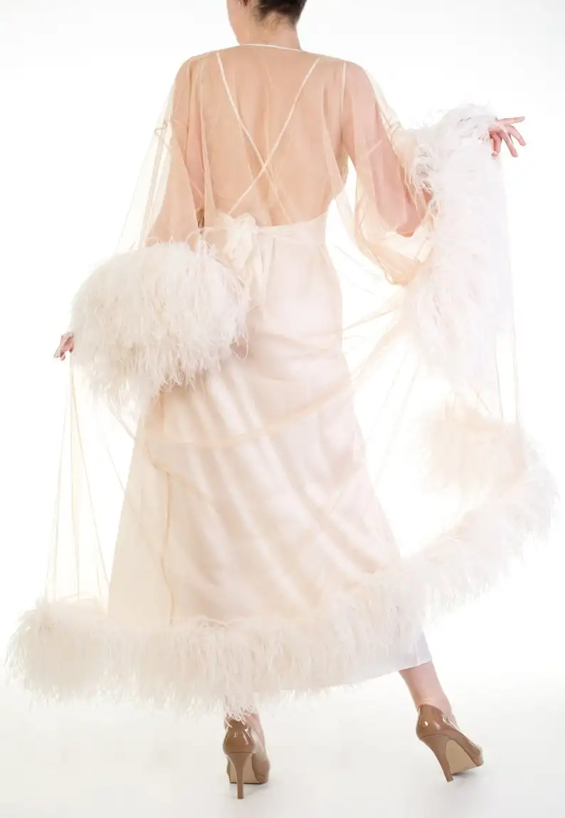 Luxury Feather Sleepwear Women Photoshoot Dress Sexy Illusion Photograph V Neck Robes Tiered Ruffles Bridal Bathrobe Wedding