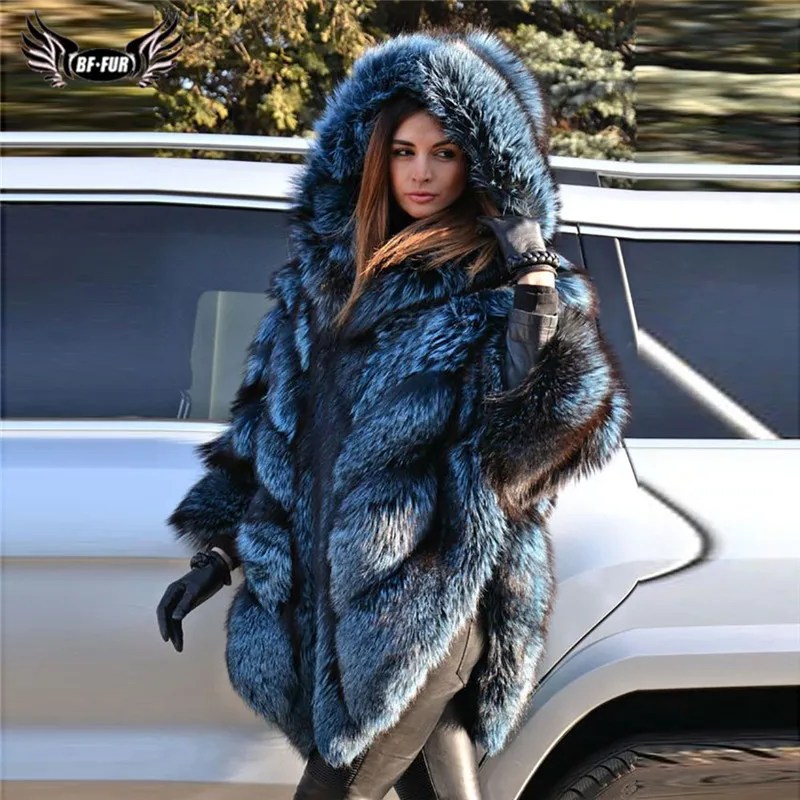 Real Fox Fur Cape With Hood Women Natural Sliver Fox Fur Jacket Long Winter Full Pelt Genuine Fur Capes Ponchos Outwear