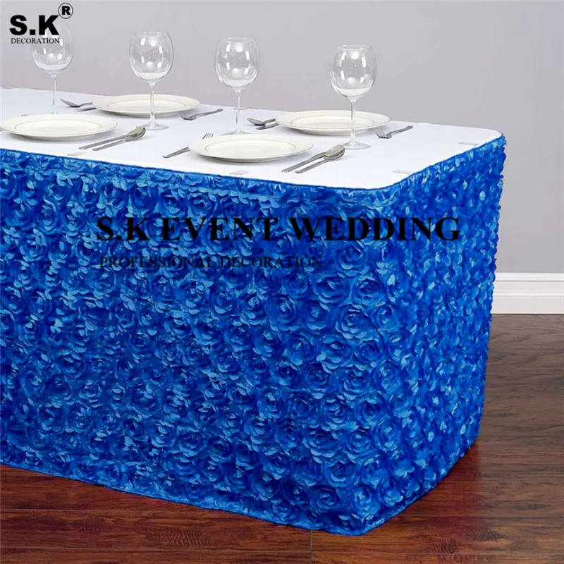 S.K Wedding Satin Rosette Table Skirt Rectangle Tablecloth Skirting For Wedding Banquet Event Christmas Decoration