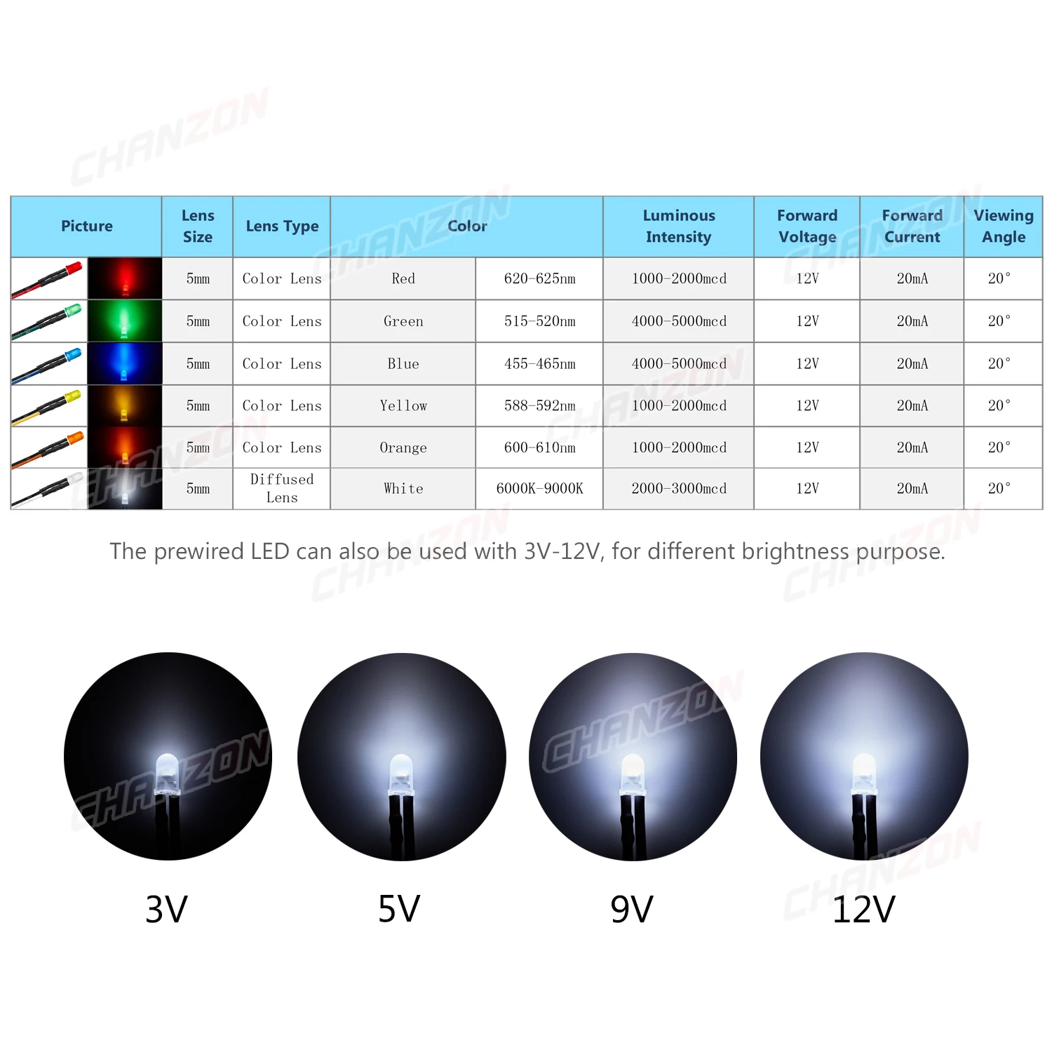 6 Colors x 20pcs 5mm Prewired LED Diode Kit Light Emitting Diffused 9V 12V White Red Green Blue Yellow Orange F5 Wire Assortment