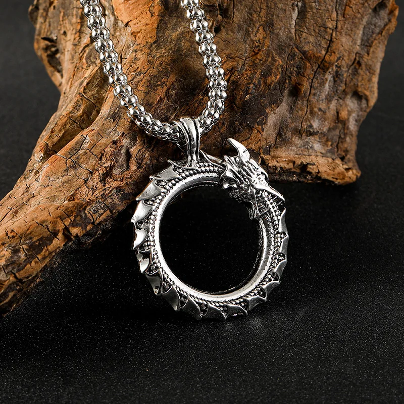 Vintage Silver Color Ouroboros Snake Necklace for Motorcycle Party Male Necklace Long Chain Goth Jewelry Punk Necklace Gifts