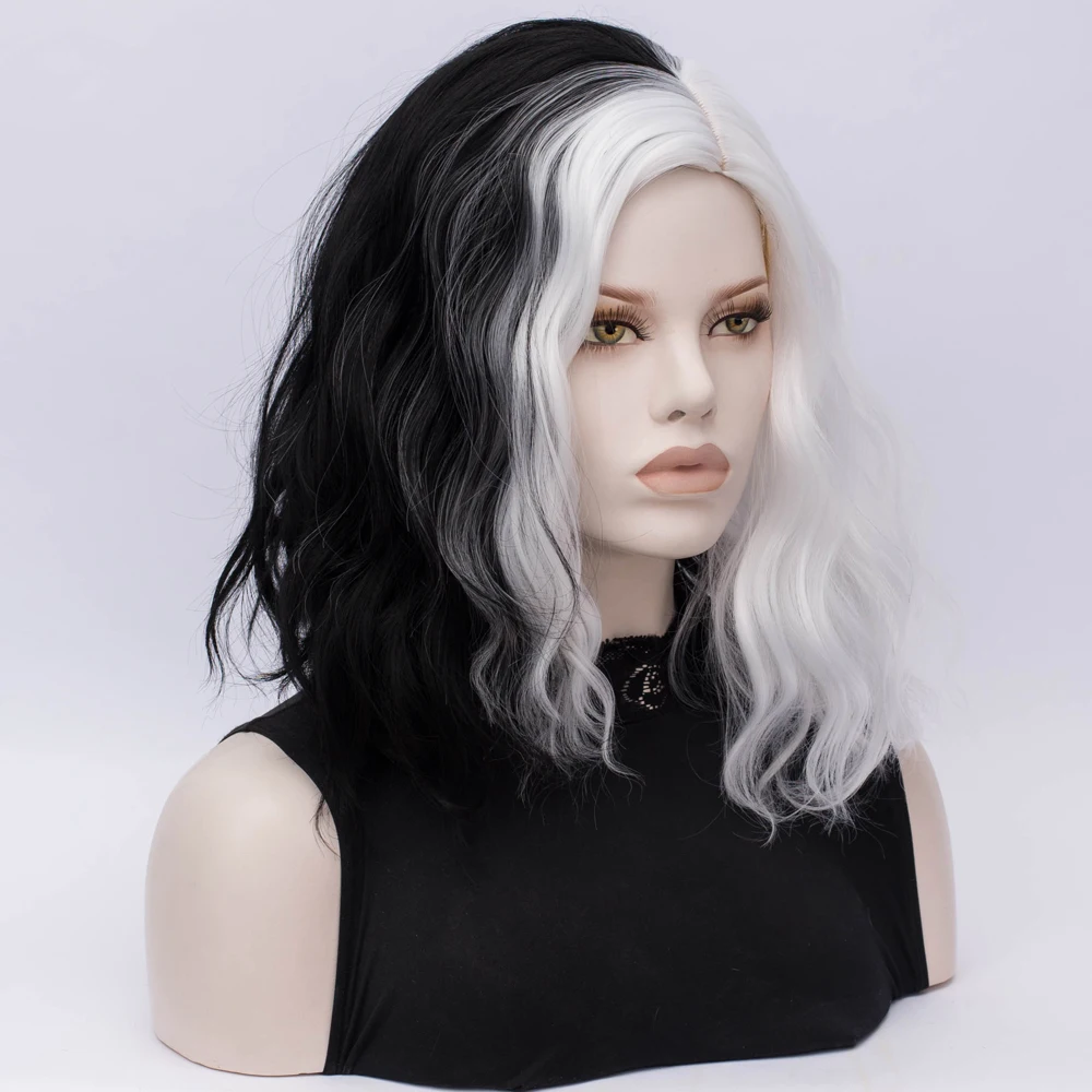 Similler Synthetic Black White Patchwork Colors Short Cosplay Wigs for Women Curly Hair Central Part with Free Wig Cap