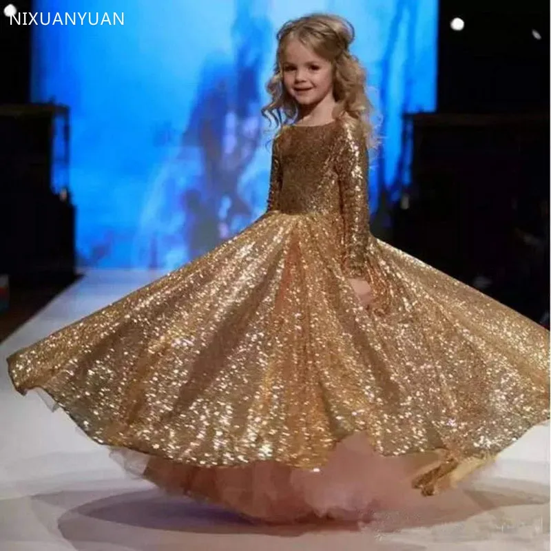 Lindo vestido florista com lantejoulas douradas, manga comprida, decote em O, linha A, até o chão, festa de casamento, vestido de princesa para crianças