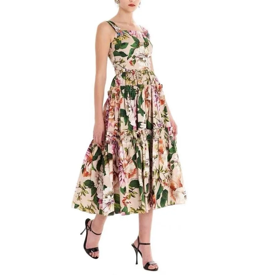 Luxury Flower Summer Dress Women\'s Long Dresses Runway Floral Ruched Shapghetti Strap Sundress Midi Buttons Holiday Dress