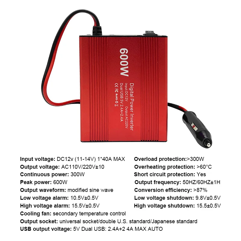 600W Car Power Inverter 12V 220V and AC 110v Auto Converter Transformer Power Converter Modified Sine Wave Universal Socket