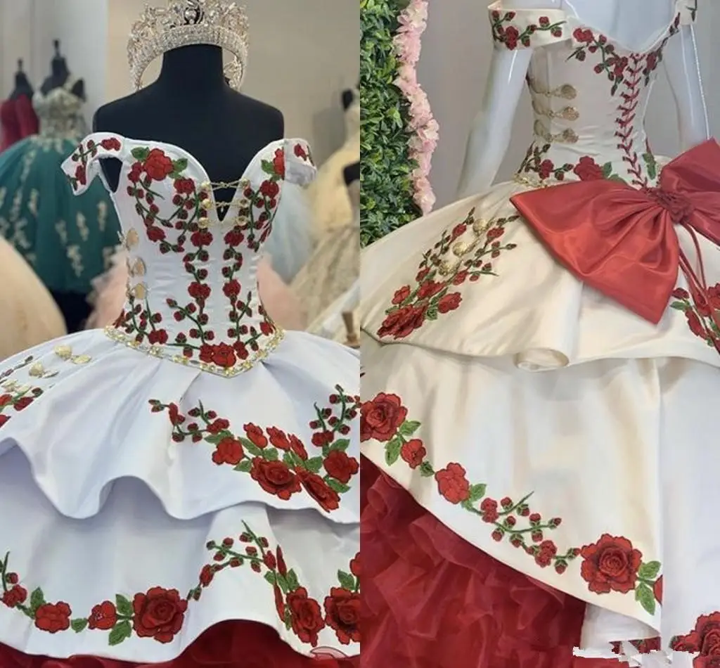 متواضع الأحمر والأبيض الكشكشة الساتان فستاين سهرة/فساتين الحفلات قبالة الكتف Vestidos De 15 Años 2023 فساتين xv سنة Quinceaneras فستان المكسيكي