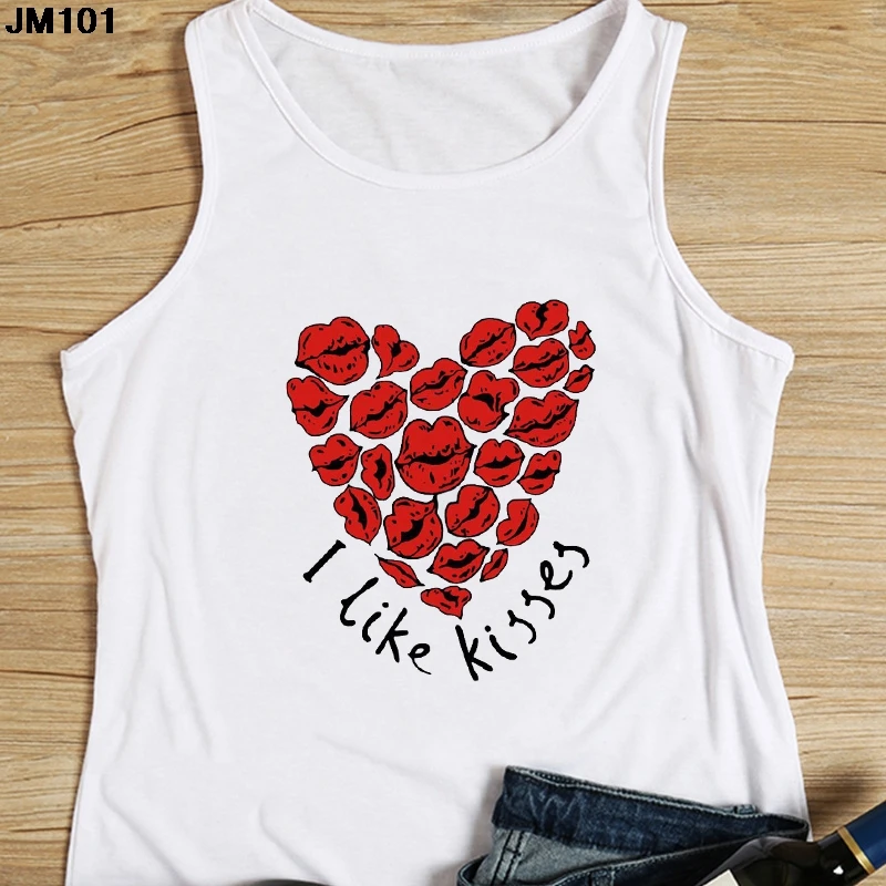 Heart Flower Printed Ladies Camisole Harajuku Casual White Vest Summer Women\'s Love Graphic Tank Tops Fashion Sleeveless T-shirt