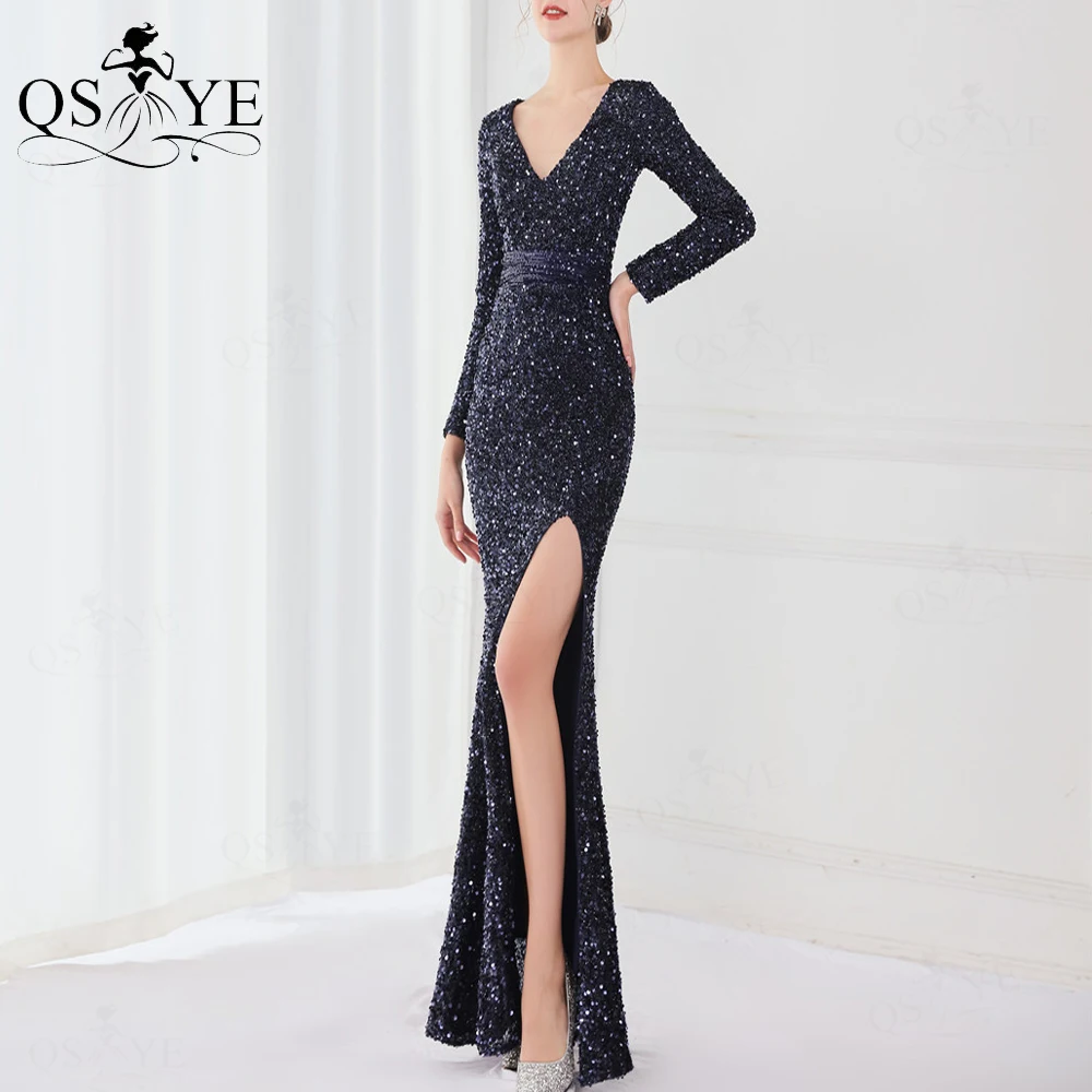 

Sequin Navy Evening Dresses Long Sleeves Mermaid Prom Gown Glitter V neck Party Dress Elegant Ruched Waist Formal Gown