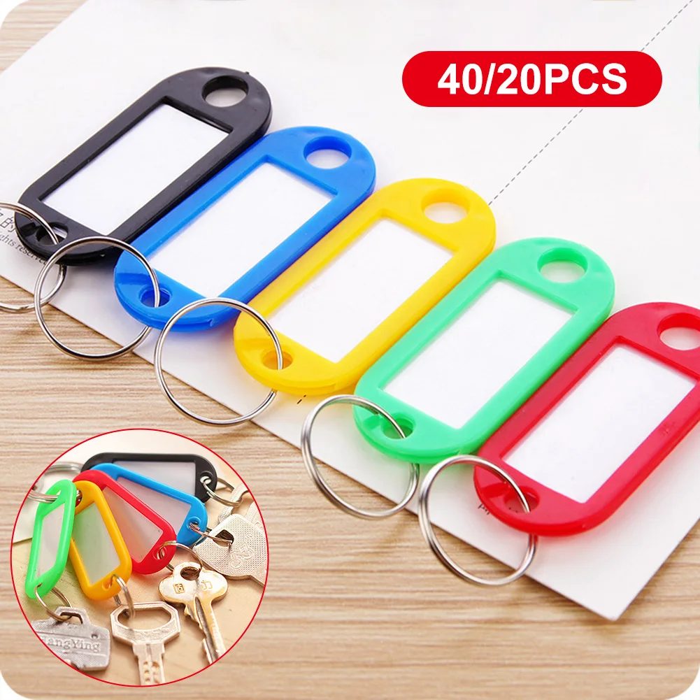 Quality 20/40Pcs/Lot Mix Color Plastic Keychain Key Tags ID Label Name Tags With Split Ring For Baggage Key Chains Key Rings