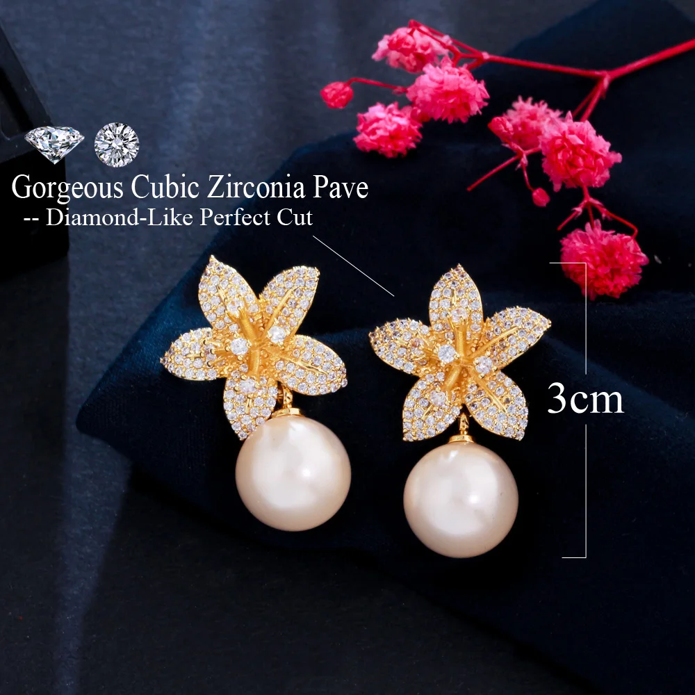 CWWZircons Noble White Gold Color Dangle Drop Pearl Cubic Zirconia Lovely Geometric Flower Earrings for Women Chic Jewelry CZ973