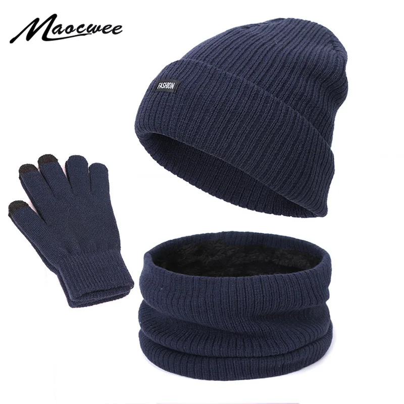 Women Scarf Hat Gloves Set Three-Piece Winter Warm Set Female Men Unisex Outdoor Casual Knitted Hat Plus Velvet Hat Scarf Set