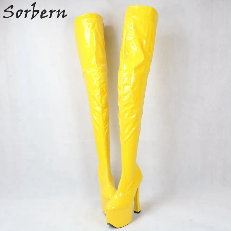 Sorbern Yellow Patent Crotch Thigh High Boots Women Block High Heels Custom Wide Calf Long Boot Platform Chunky Heel Shoes