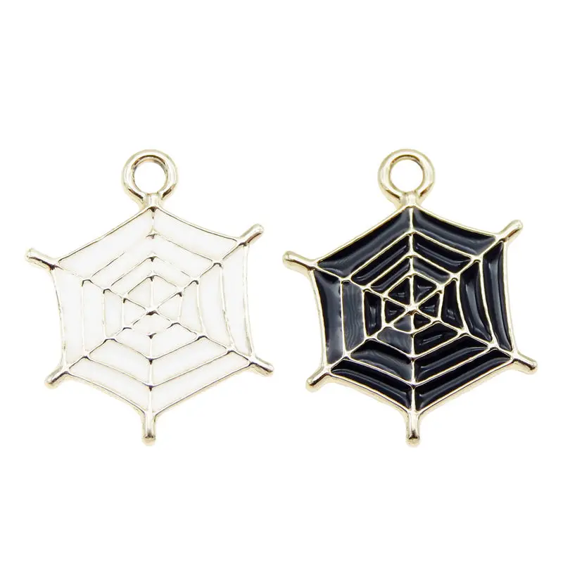 Julie Wang 6PCS Enamel Spider Web Charms Black White Cartoon Halloween Cobweb Pendants Alloy Jewelry Making Accessory