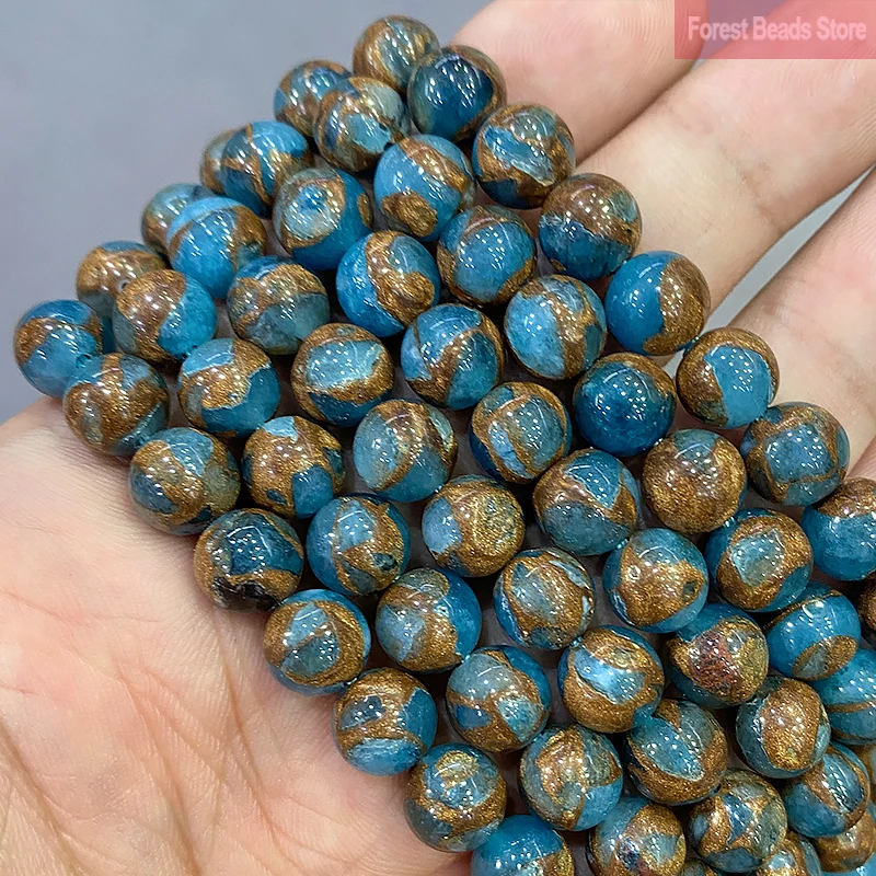 Natural Golden Stripe Lake Blue Cloisonne Stone Round Beads Diy Bracelet Necklace for Jewelry Making 15\