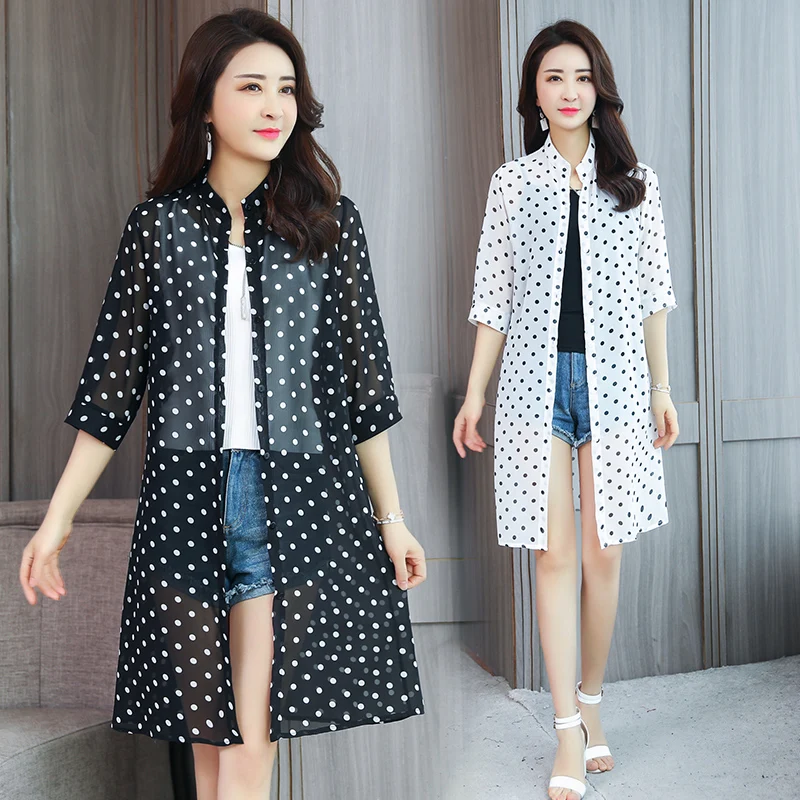 Women Sun Protection Cardigan Summer Super Thin Blouse Female Dots Chiffon Shirts Half Sleeved