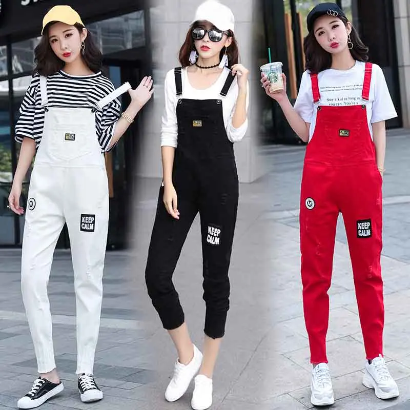 White Ripped Jeans Jumpsuit Women Spring Autumn Loose Sleeveless Korean Style Denim Overalls Ladies Casual Suspenders Bodysuits