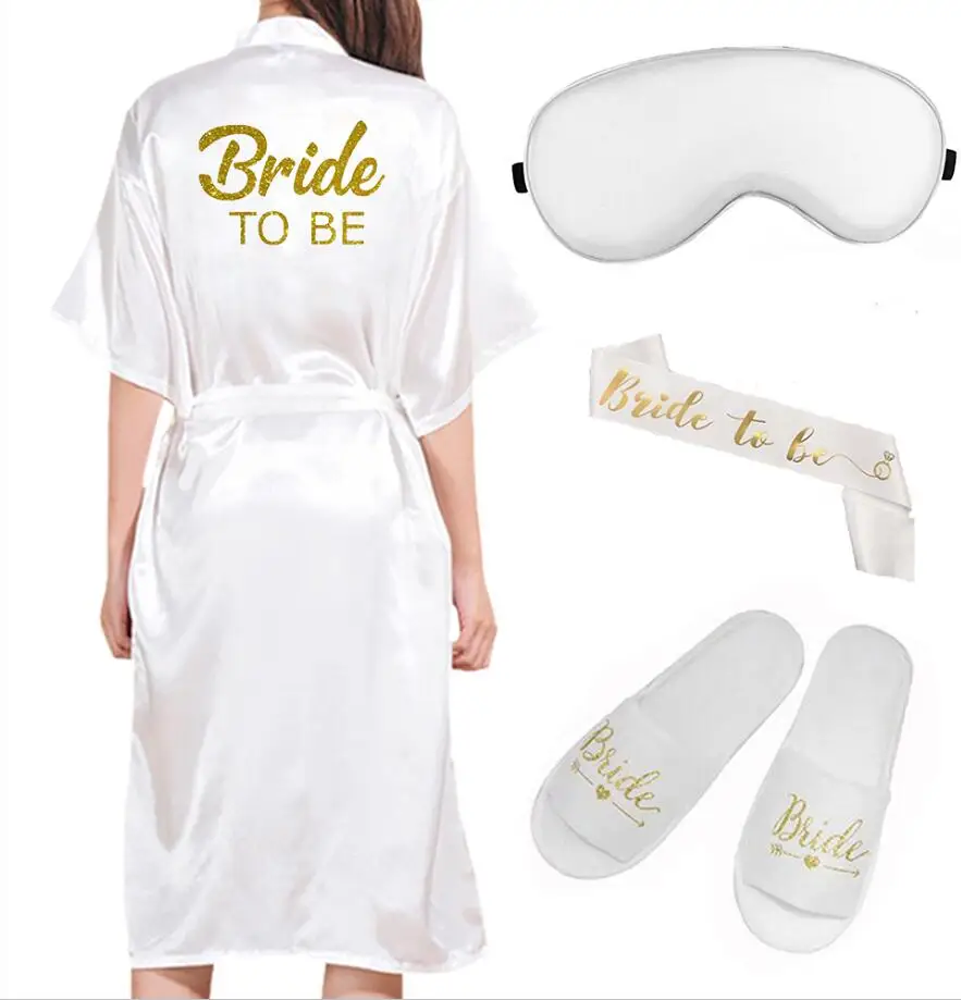 4pc set of bride robe eyemask slippers sash bridesmaid kimono wedding bridal party Bachelorette bathrobe getting ready robes