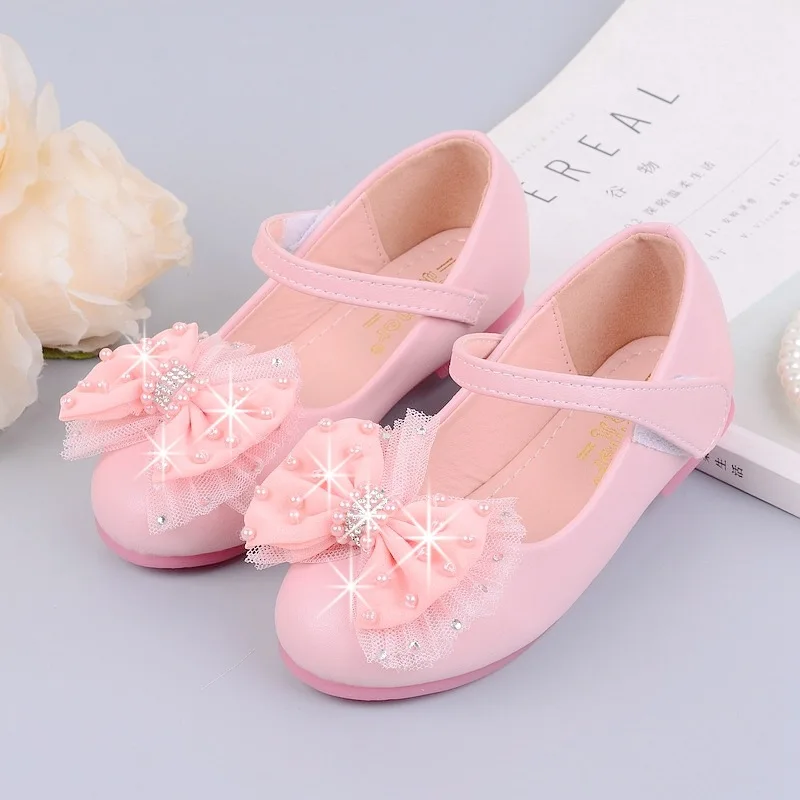 Little Girl Dress Princess Crystal Bow Leather Shoes Dance Party School Children'S Shoe  For Kids 2 3 4 5 6 7 8 9 10 11 12 Year