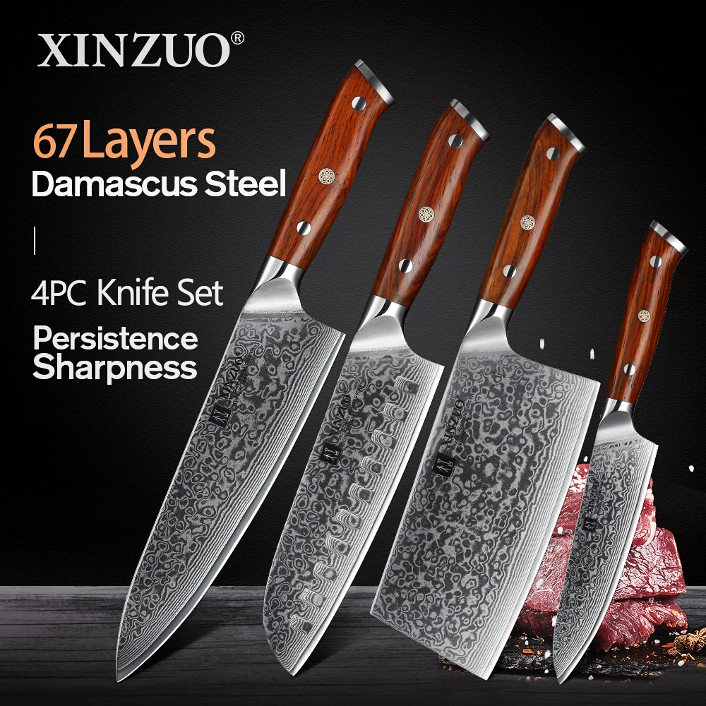 

XINZUO 4PCS Kitchen Knife Set vg10 Damascus Steel Kitchen Knives Set Stainless Steel Chef Utility Knife with Rosewood Handle