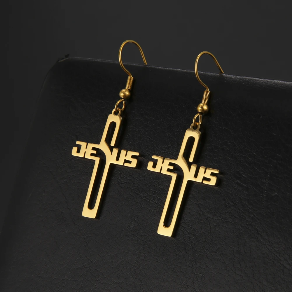 Cazador Christian Jesus Cross Dangle Earring for Women Girl Stainless Steel Jewelry Drop Earrings Mother Day Mother Gift