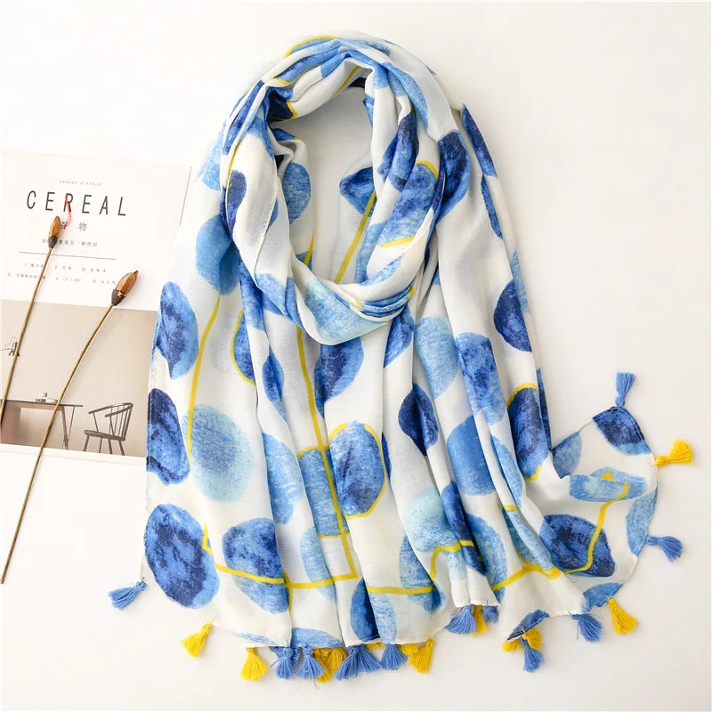 2021 Autumn Women Scarf Cotton Foulard Shawl Blue Dots White Hair Scarf Sun Protective Warm Tassels Neck Wraps