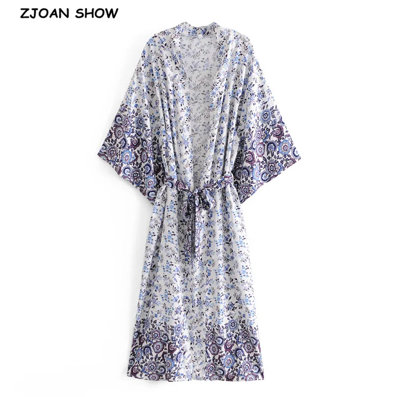 Bohemia V Neck Flower Print Maxi Long Kimono Shirt Ethnic Women Lacing up Tie Bow Sashes Cardigan BOHO Loose Blouse Tops