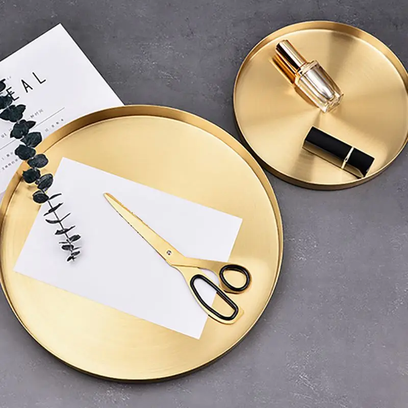 Ins Style Golden Tray Round Food Jewelry Display Tray Stainless Steel Ring Necklace Storage Pan Luxury Home Tea Tray Organizer