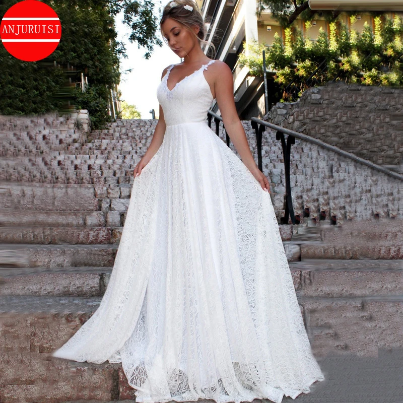 Vintage Lace Beach Wedding Dresses For Women 2022 Bride Gown Casamento Sexy Backless Vestidos De Novia V Neck Boda Suknia Ślubna