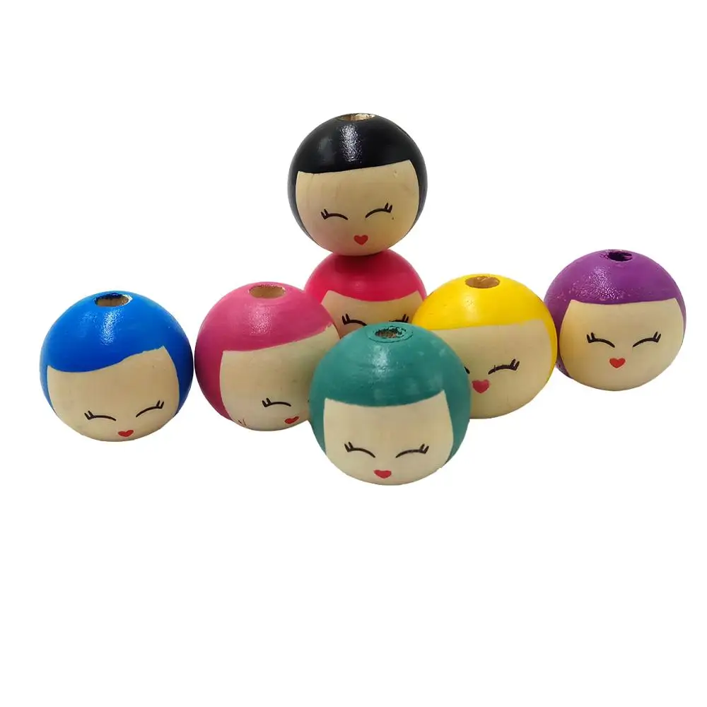 

25mm Wooden Round Beads Hand-Painted Little Girl Cartoon Smile Doll Round Spacer Beads DIY Beaded Necklace Key Ring Accessories