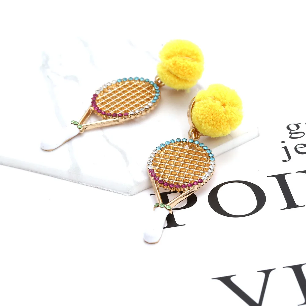 Fashion Creative Tennis Racket Statement Earrings 2021 New Woman Trend Hairball Ear Jewelry