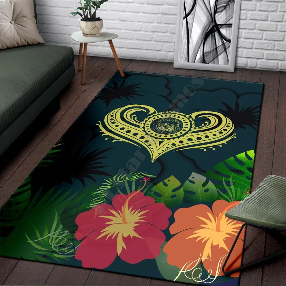 Polynesian Hawaii Area Rug Heart with Hibiscus Printed Bedroom Non-slip Floor Rug