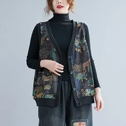 Women Casual Vests Jackets New Arrival 2021 Autumn Vintage Style V-neck Print All-match Loose Female Sleeveless Coats B1458