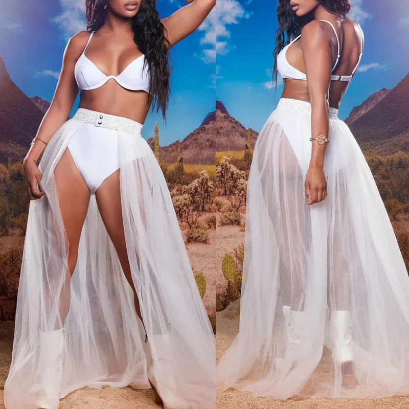 Skmy Perspektive Mesh langen Rock Urlaub Outfits Party flauschige Sonnencreme Sommer Strand tragen Rock Strand Vertuschungen für Frauen