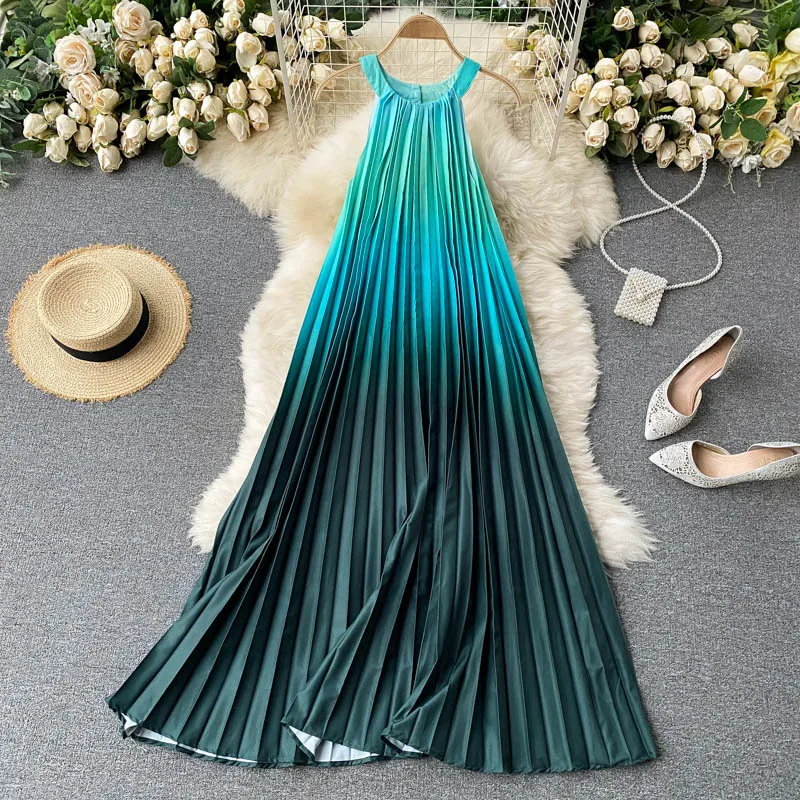 Summer Vacation Beach Dress Sexy O-neck Halter Rainbow Color Gradient Pleated Oversize Dress for Women Vestidos