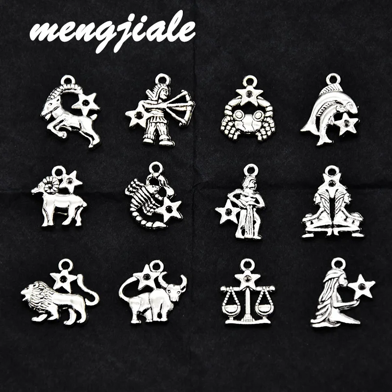 12pcs(1set) Wholesale Two Color Zodiac Charms Alloy Metal Constellation Pendants For DIY Handmade Jewelry Accessories Making