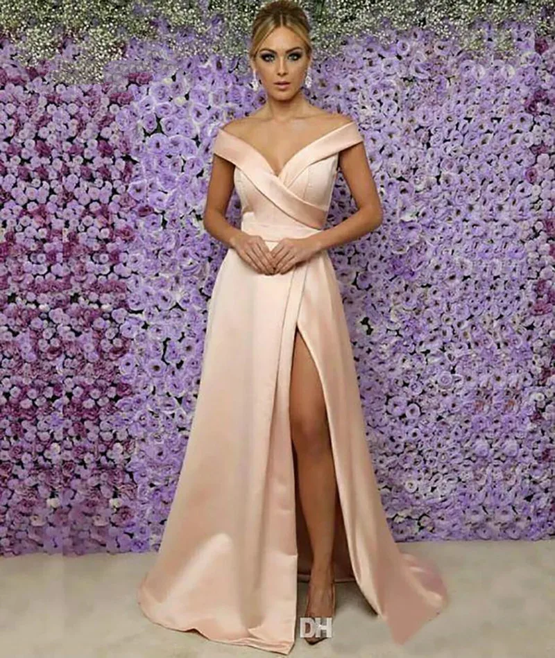 

Plus Size Woman Sleeveless Champagne Satin Evening Dresses 2023 Off-Shoulder Formal V-Neck Thigh-High Slits Girl Gown Custom