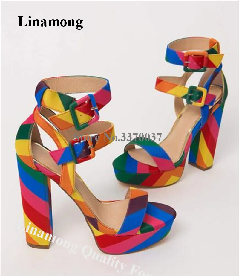 

Linamong Rainbow Mixed-colors High Platform Chunky Heel Gladiator Sandals Suede Leather Ankle Buckles High Heel Sandals Shoes