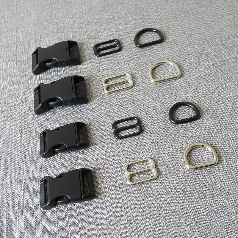 

50sets/lot wholesale15mm 20mm 25mm Plastic buckle metal D ring adjuter belt strap buckle slider for cat pet dog collar accessory