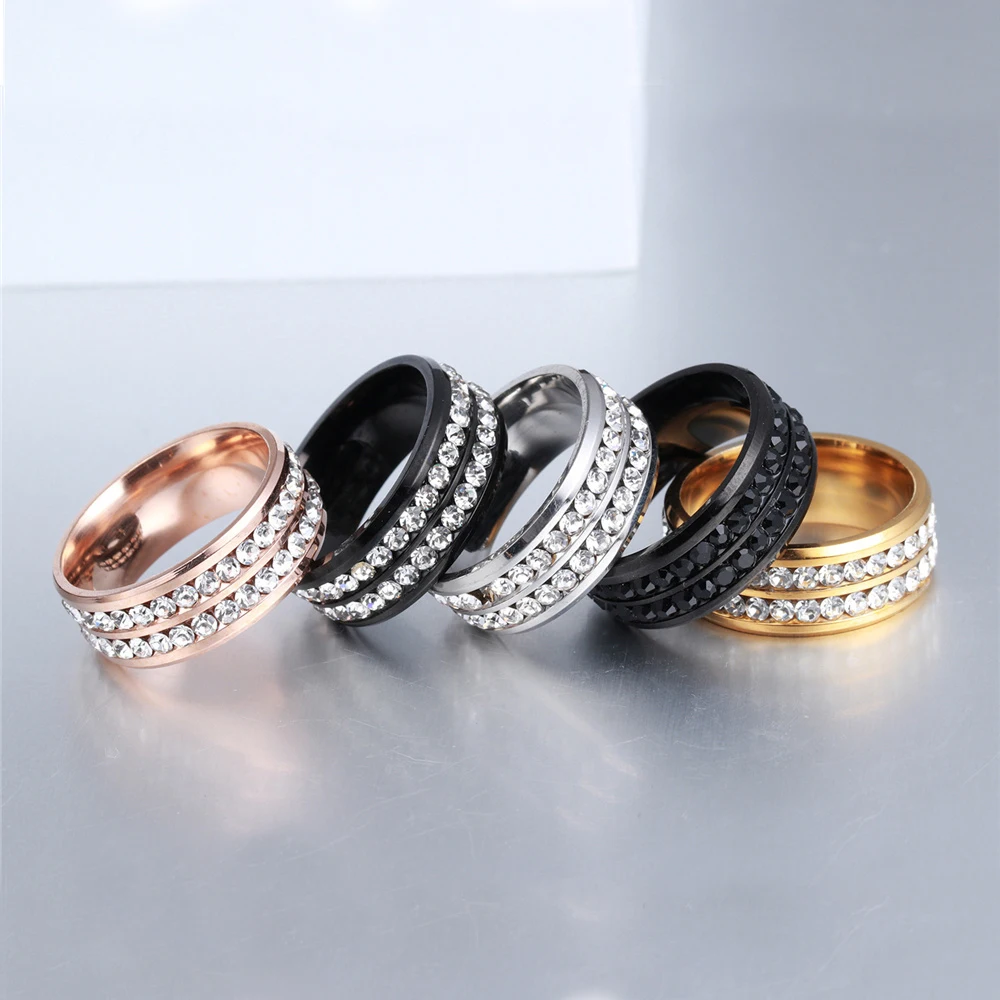 Hip Hop Iced Out Bling 2 Row CZ Ring Female Gold Color Stainless Steel Wedding Engagement Rings For Women Men Jewelry Gift
