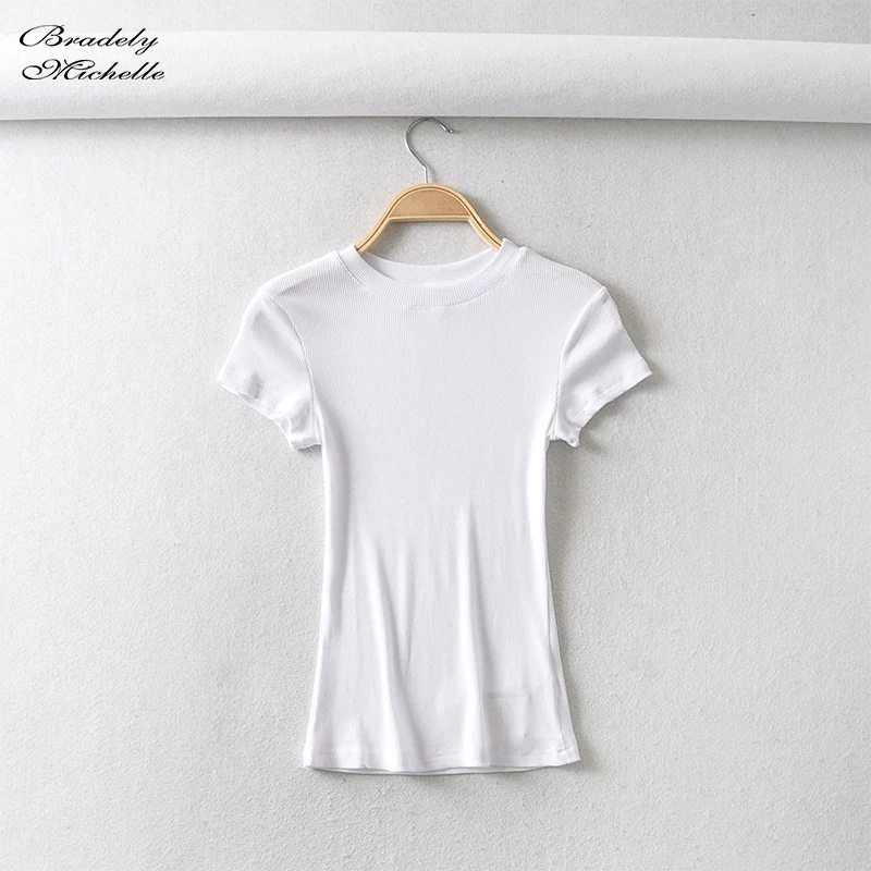 BRADELY MICHELLE Summer Women Basic O-neck Short-sleeve T-shirt Slim Elastic Basic Tees