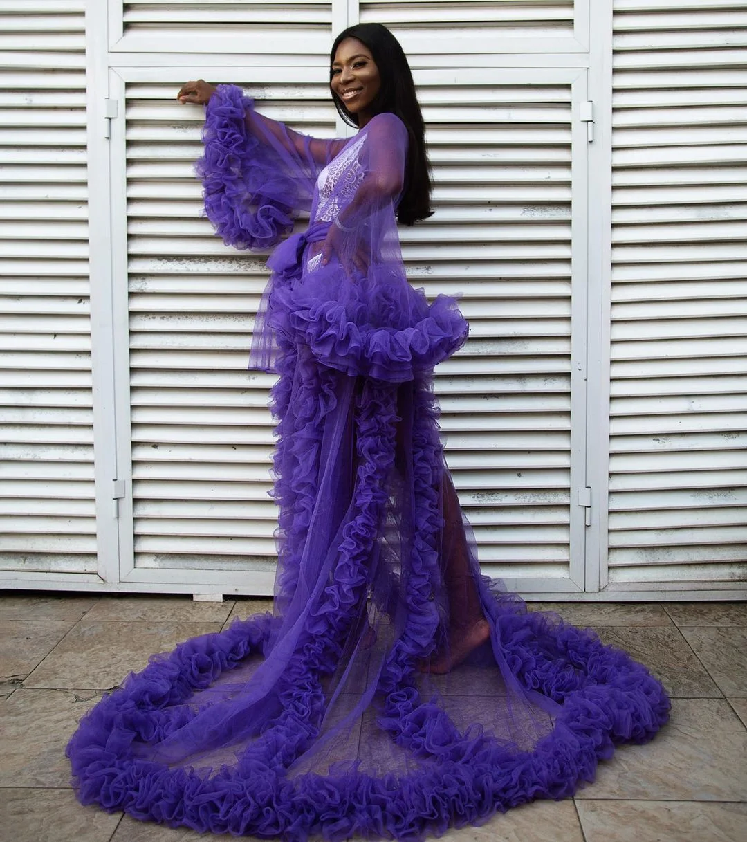 Purple Photo Shoot Tulle Robe Outfits For Black Women Tulle maniche lunghe See Through maternità photobot Dresses Rulles