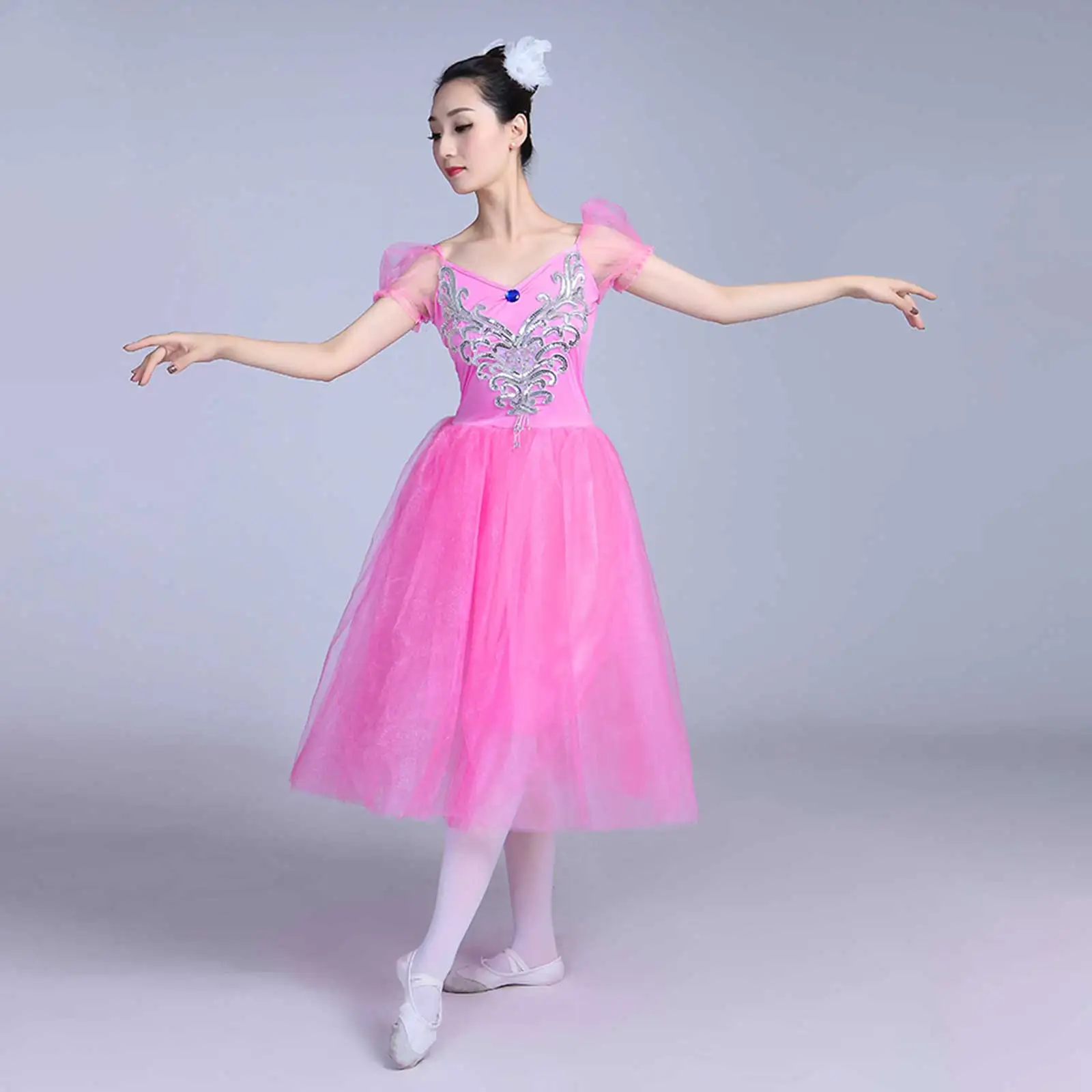 Women Ballet Dress Puff Sleeves Long Tulle Swan Lake Tutu Romantic Ballroom Stage Performance Ballerina Leotard Dance Costume