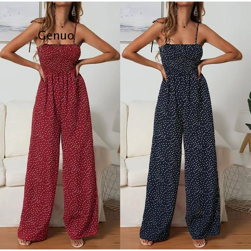 

Summer Jumpsuit Women Polka Dot High Waist Rompers Boho Yellow Spaghetti Strap Top Wide Leg Pants Female Clothes Ladies 2021