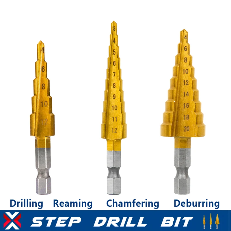 XCAN Step Drill Bit 3PCS 3-12 4-12/20 Titanium Coating HSS Drill Bit for Wood Metal Hole Cutting Hex Shank Cone Drill