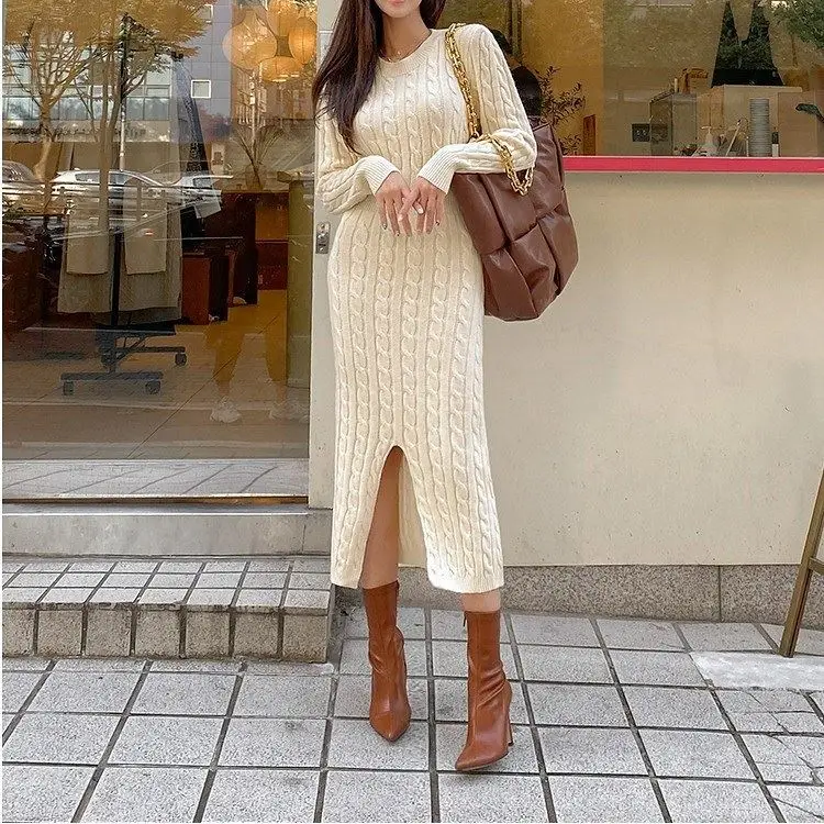 

Casual New Thick Solid Warm Pollover Split Knitted Jumper Dresses Woman Korean Winter 2022 Sweater Dress Women Vestidos Midi