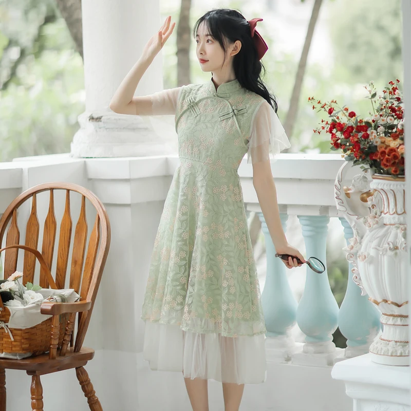 2021 Nieuwe Retro Lotusblad Mouwen Elegante Geborduurde Groene Cheongsam Jurk Zomer Zachte Girl Lace Verbeterde Bloemen Jurk