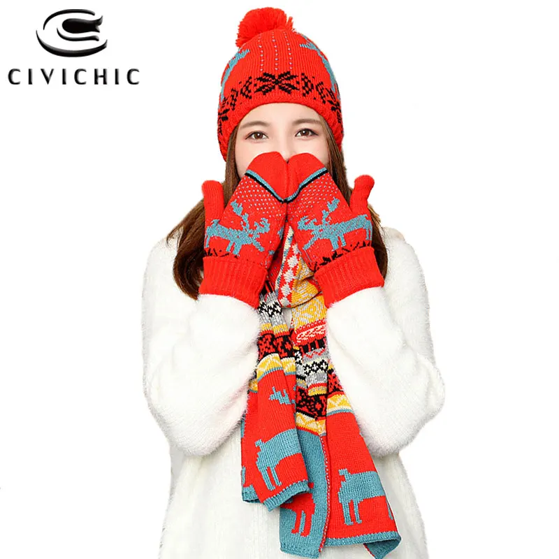 

Chic Autumn Winter Christmas Knit Hat Scarf Gloves 3 PCS Set Warm Fleece Xmas Pompon Beanies Crochet Elk Shawl Cap Mittens SH115